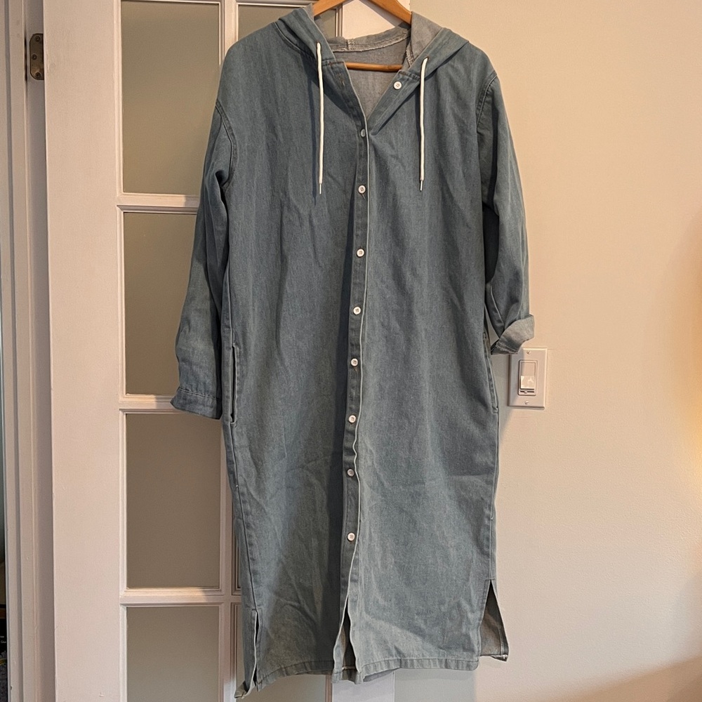 Blue Hooded Button-Up Long Coat